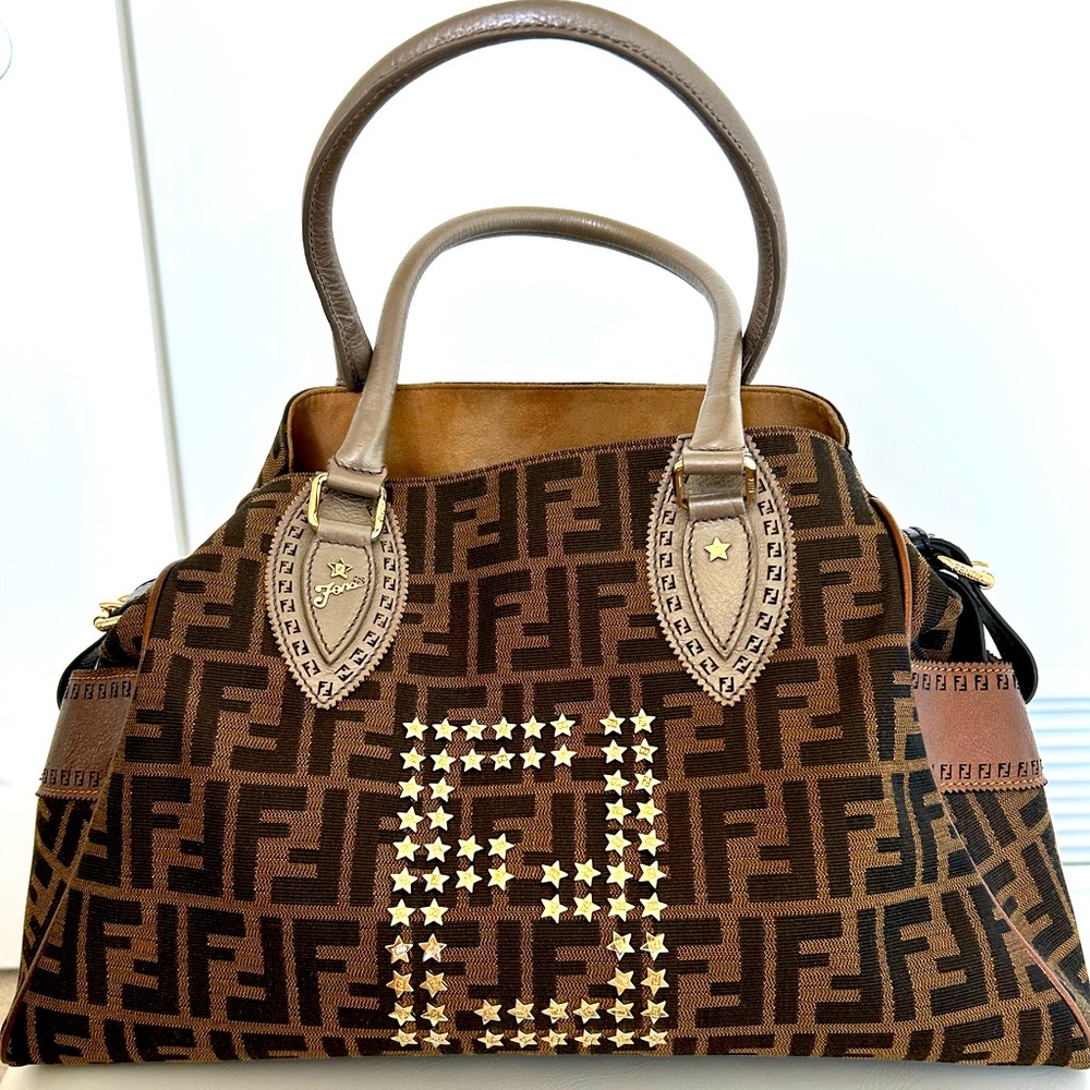 Fendi Brown Canvas Studded De Jour Bag